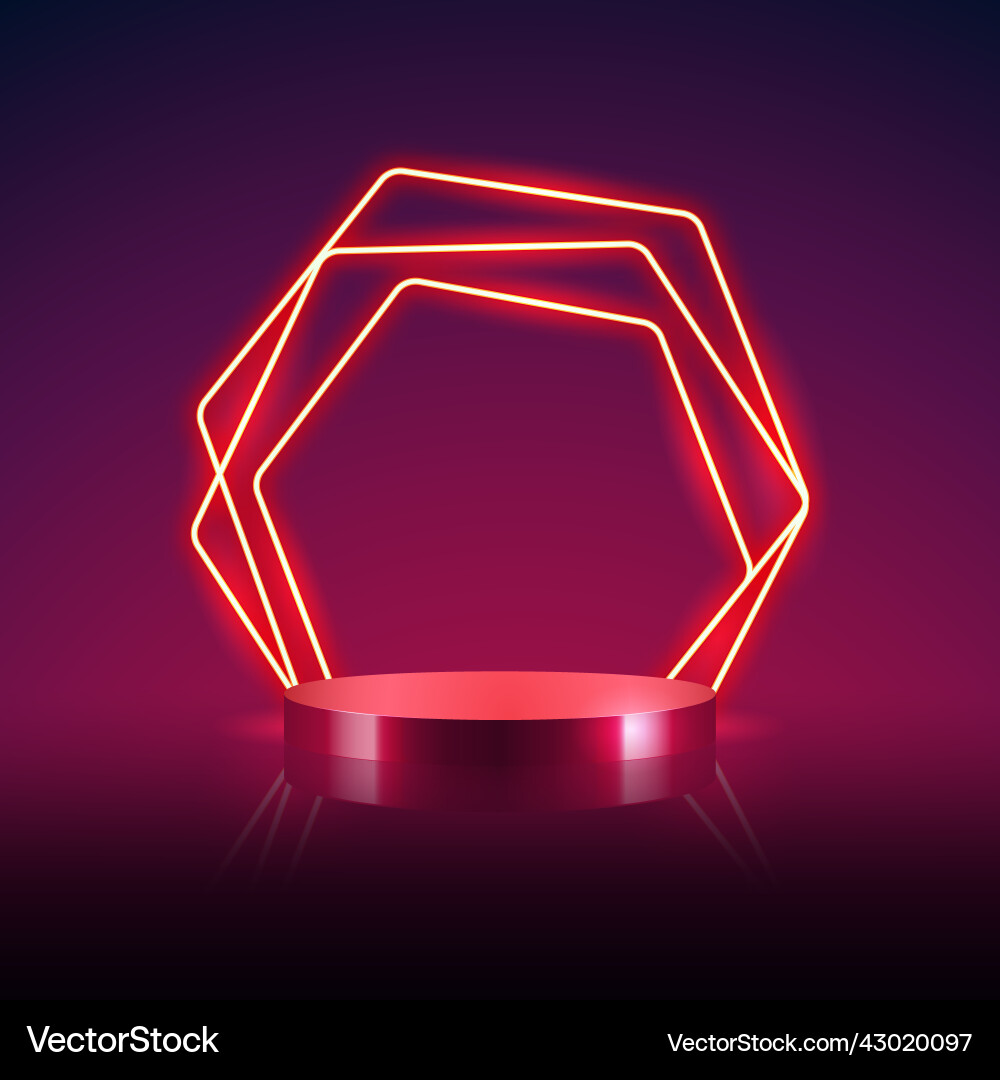 Podium with abstract red hexagonal neon frame Vector Image