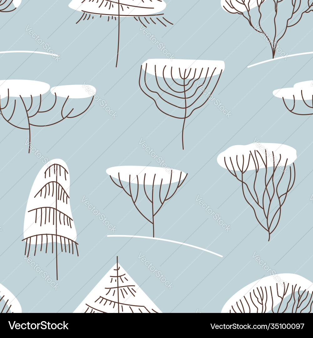 Seamless pattern with winter trees in line art vector image