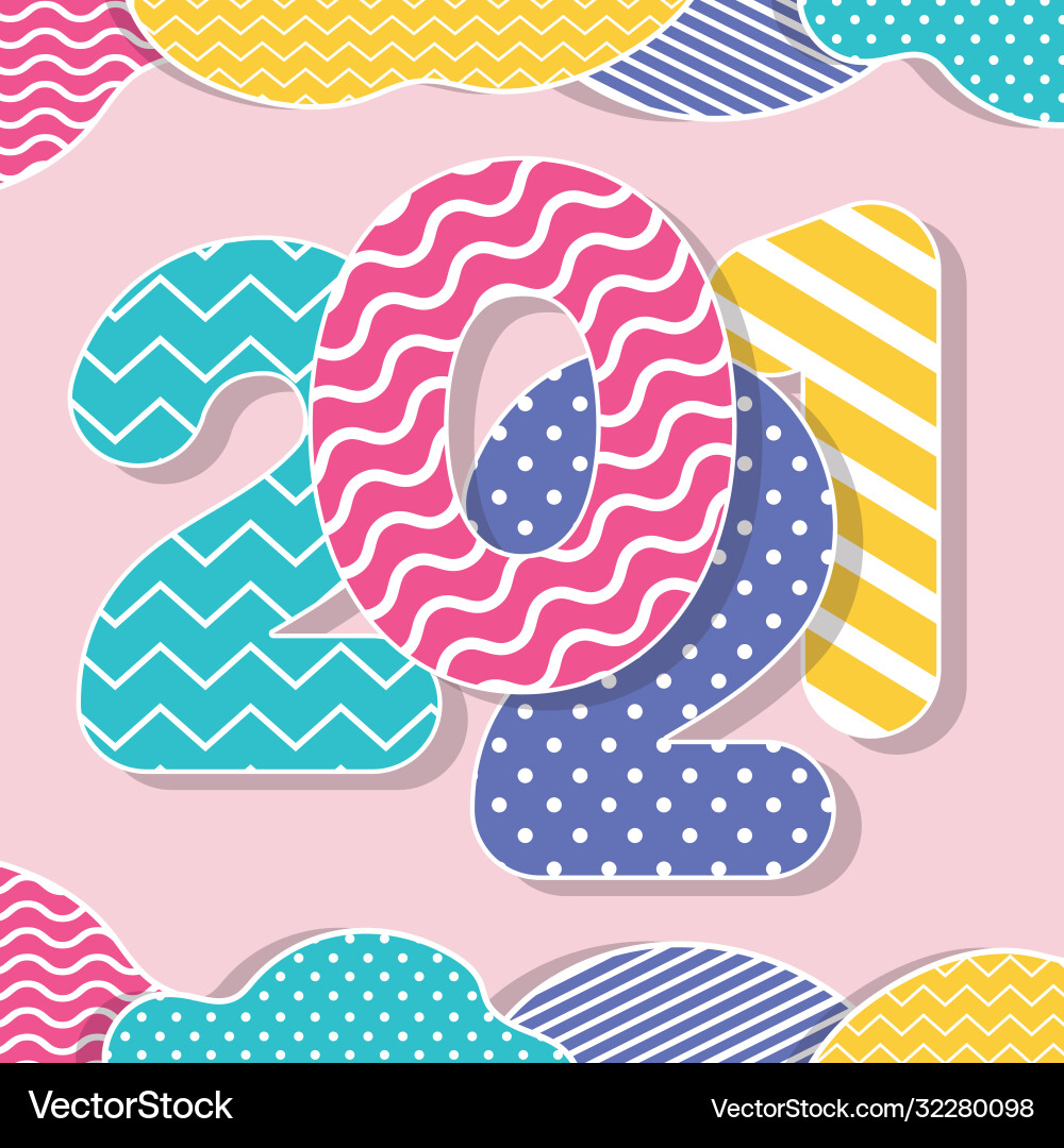 Happy new year 2021 with points and zig zag lines vector image