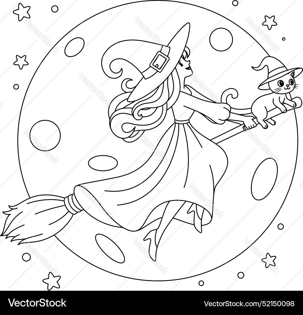Hexe und schwarze Katze Reiten auf Broomstick Mond Hexe und schwarze Katze Reiten auf Broomstick Mond vektorbild