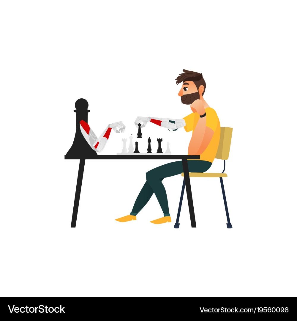 Man playing chess with a robot assistant vector image