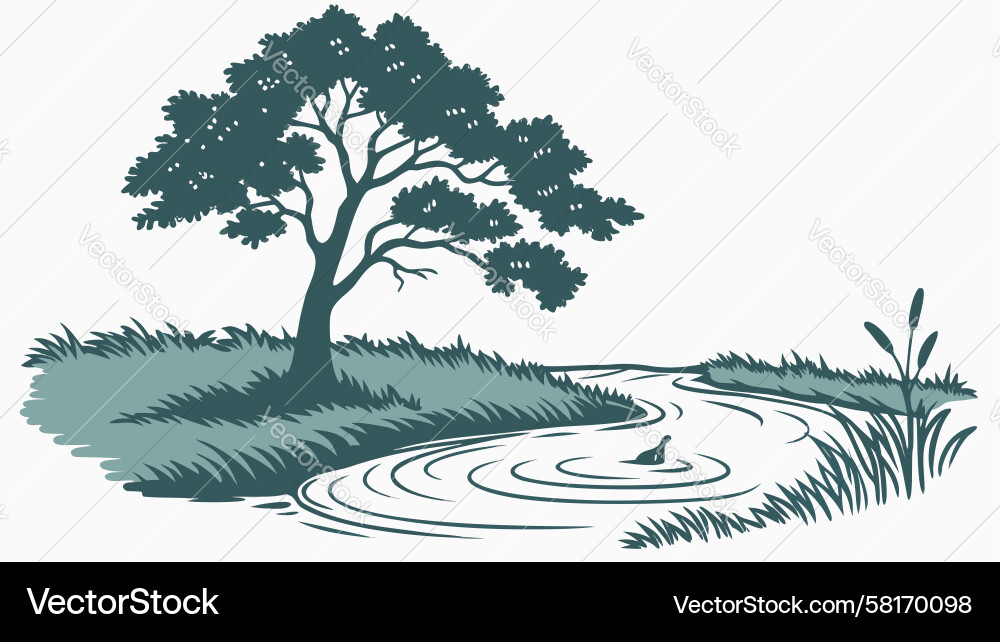 Rustic Tree by Stream Vector Image