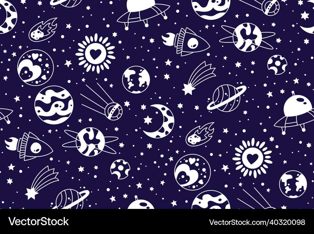 Space seamless pattern with planets rocket comet Space seamless pattern with planets rocket comet Vector Image