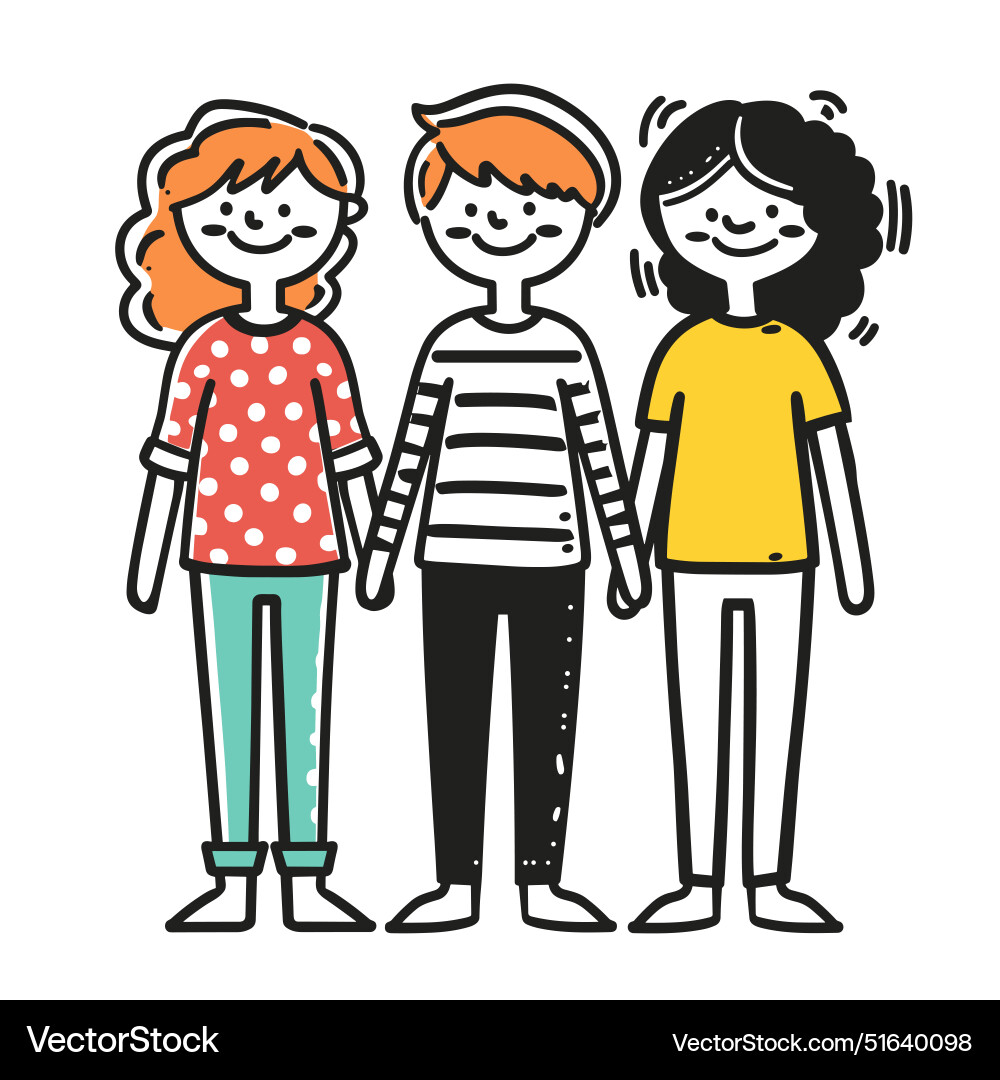 Three young friends standing together smiling Vector Image