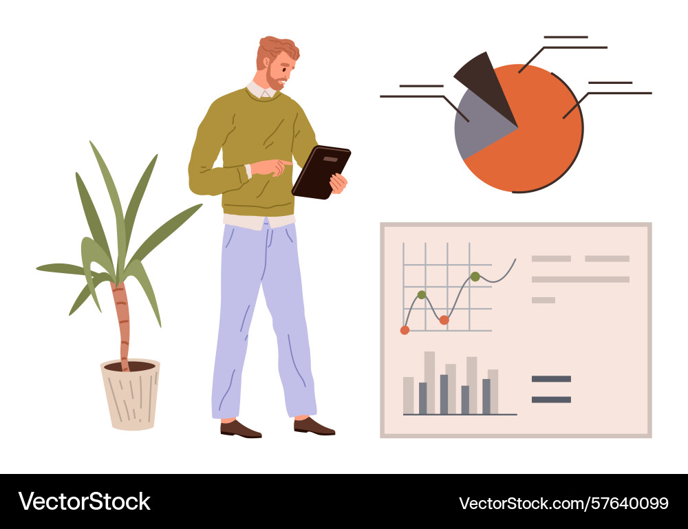 Man analyzing data on tablet next to charts Man analyzing data on tablet next to charts vector image