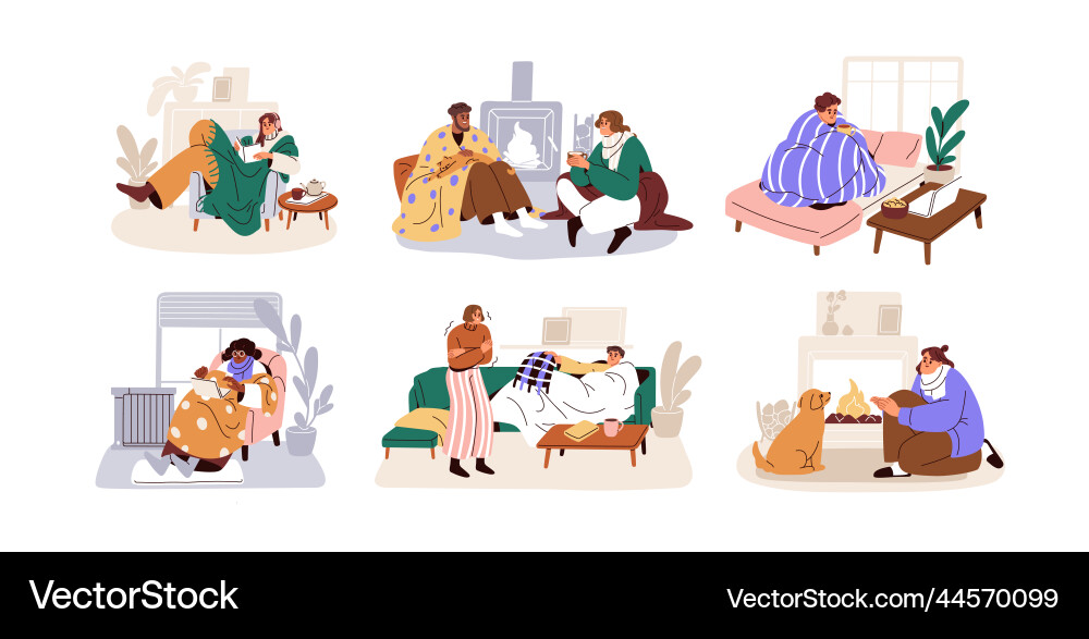 People freezing shivering from cold at home set People freezing shivering from cold at home set vector image
