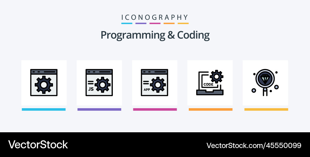 Programmierung und Kodierung Linie gefüllt 5 Icon-Pack vektorbild