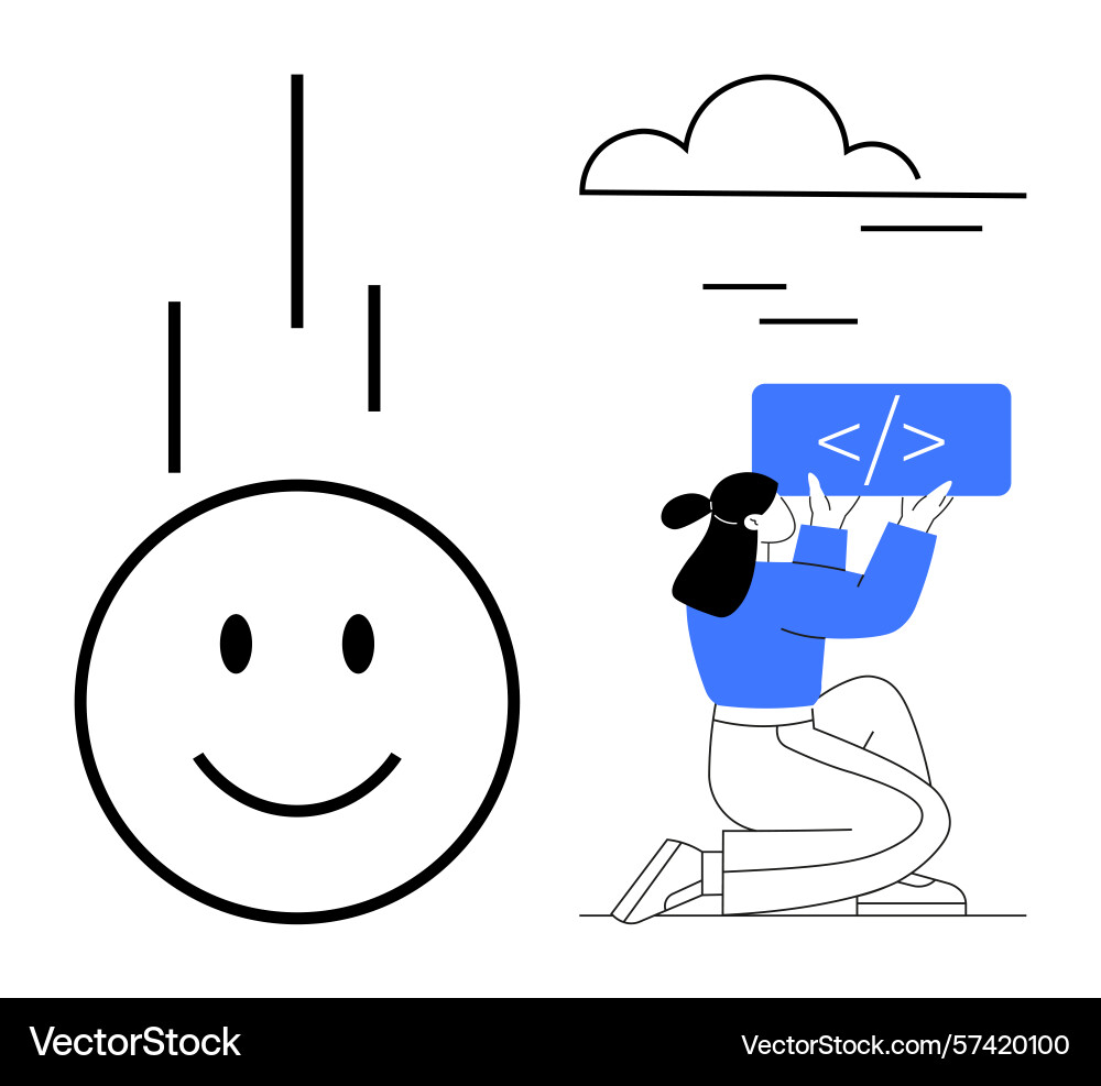 Developer kneeling to code with smiling face Developer kneeling to code with smiling face vector image