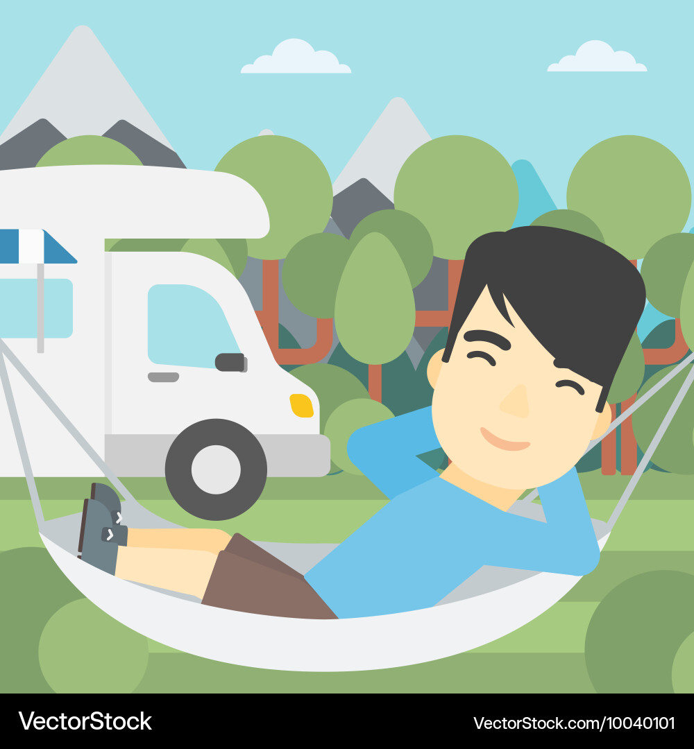Man lying in hammock front of motor home vector image