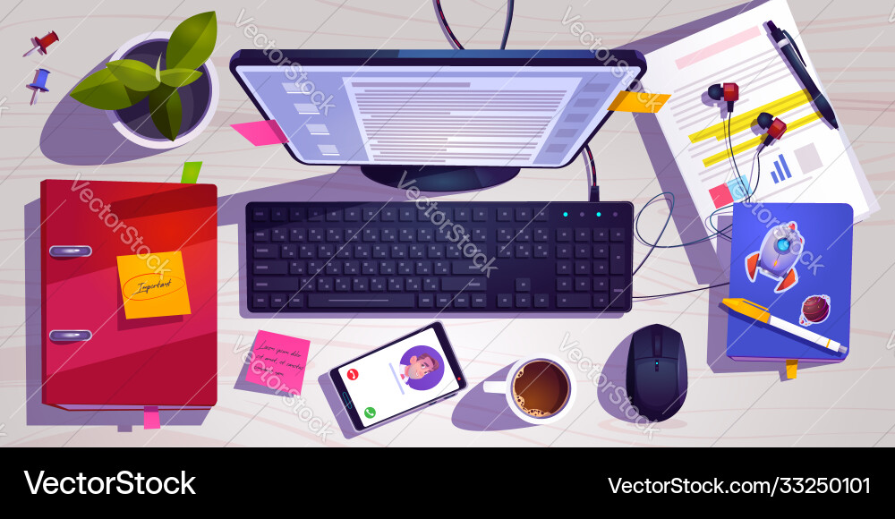 Top view workspace with computer and phone Top view workspace with computer and phone vector image