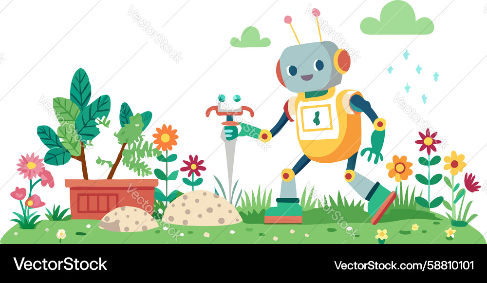 Two Robots in a Green Field Vector Image