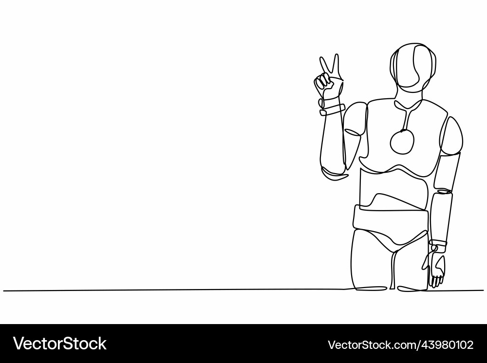 Continuous one line drawing robot standing with v Continuous one line drawing robot standing with v Vector Image