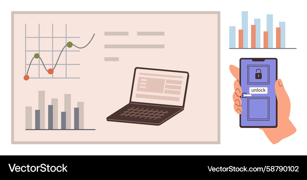 Data analysis with laptop charts and secure Data analysis with laptop charts and secure Vector Image