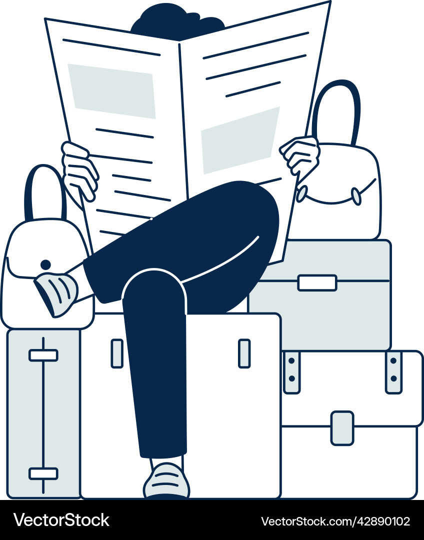 Man Reading Newspaper on Travel Bag Vector Image