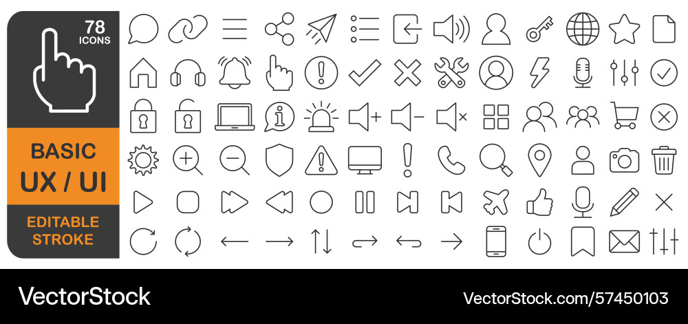 Basic ux ui editable stroke line icons set thin l Basic ux ui editable stroke line icons set thin l vector image