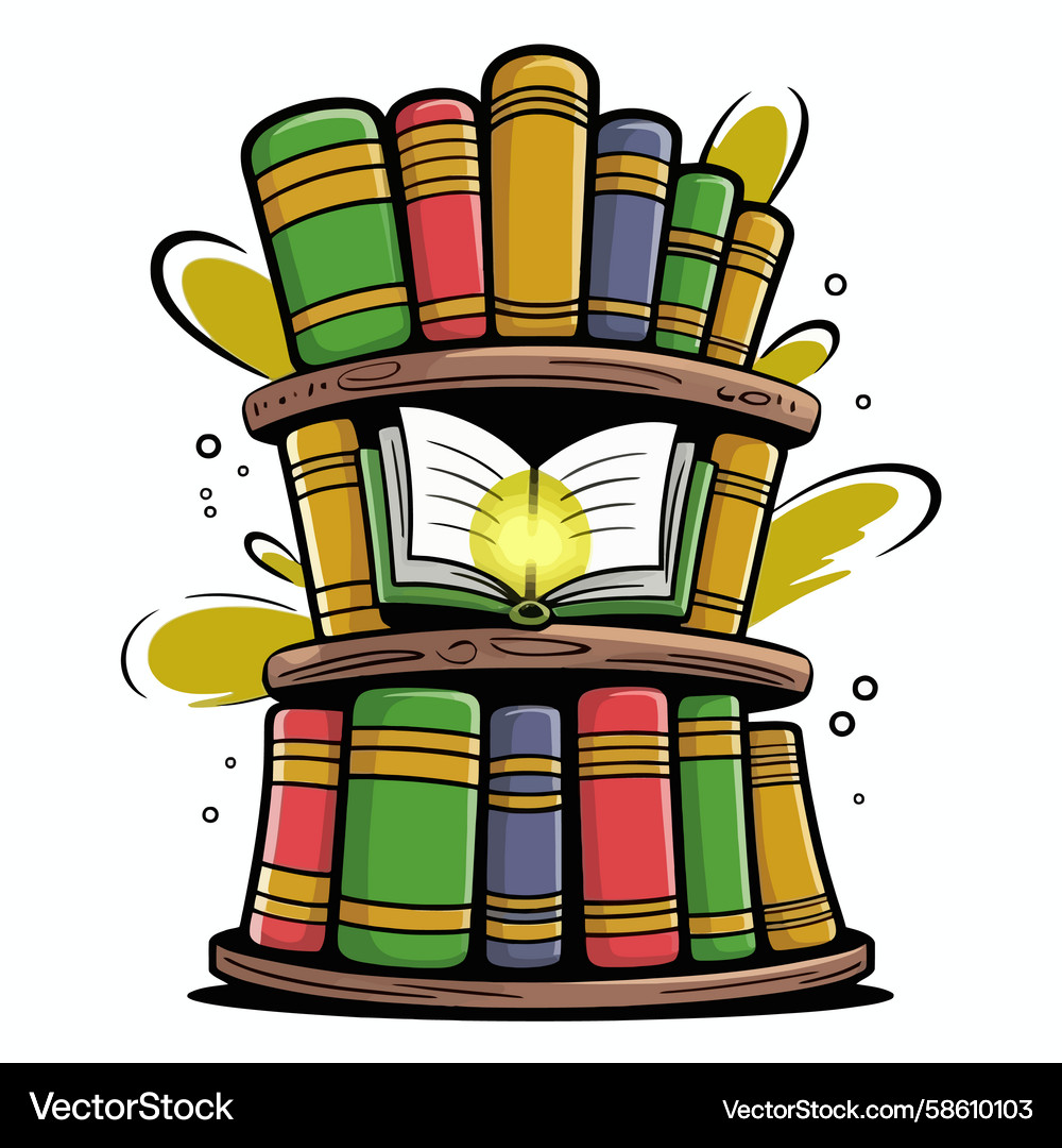Enchanting bookshelf with glowing open book Enchanting bookshelf with glowing open book Vector Image