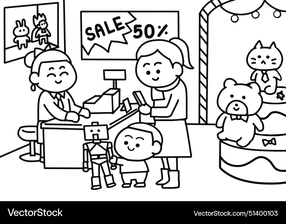 Familie in Spielzeug Shop Färbung Seiten Stil Familie in Spielzeug Shop Färbung Seiten Stil vektorbild