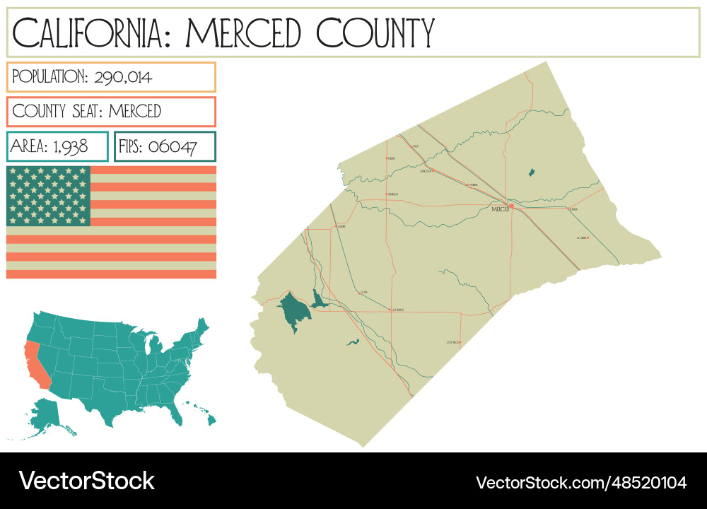 Large and detailed map of merced county Royalty Free Vector