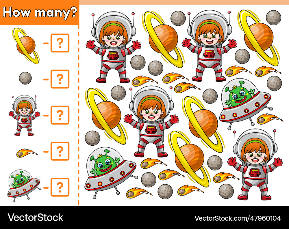 Math counting game how many space objects Math counting game how many space objects vector image