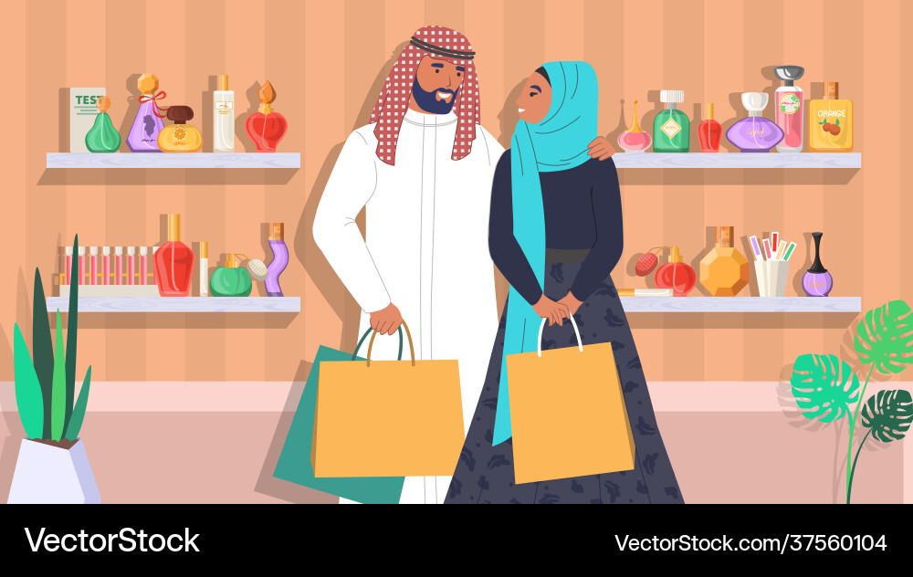 Muslim family couple in perfume store flat Muslim family couple in perfume store flat vector image