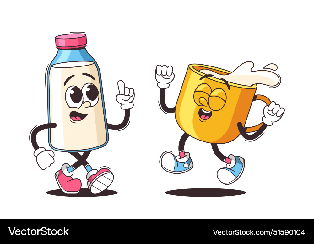 Two cheerful cartoon characters a milk bottle Two cheerful cartoon characters a milk bottle vector image