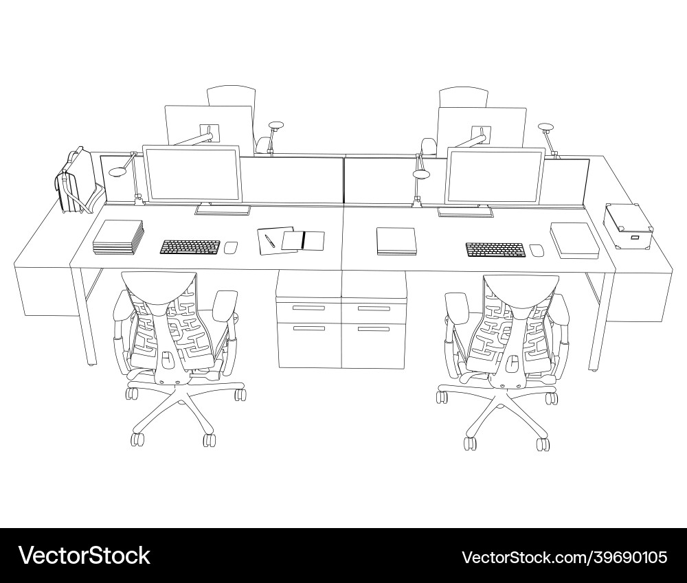 Contour of workplaces with computers and armchairs Contour of workplaces with computers and armchairs Vector Image