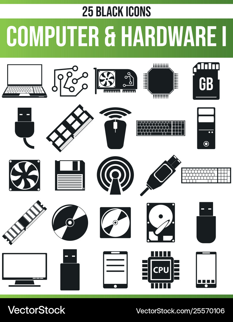 Black icon set computer hardware i vector image
