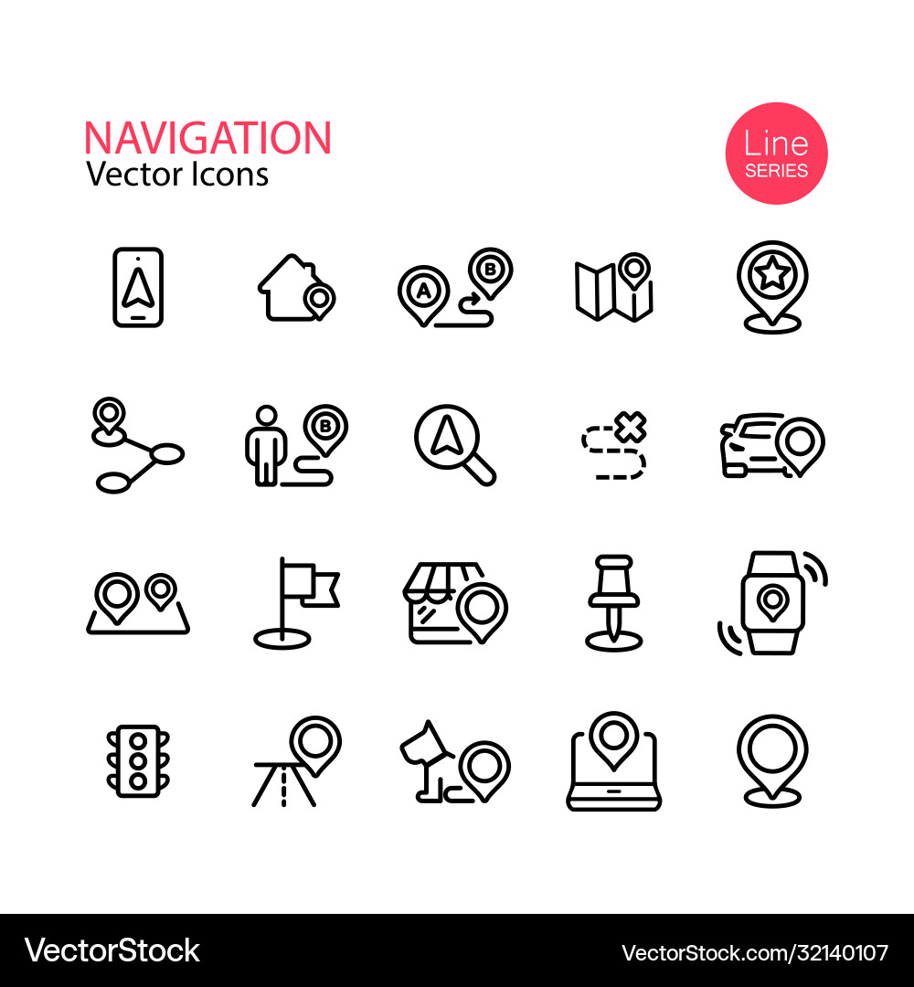 Map location and navigation line icon set pin Map location and navigation line icon set pin Vector Image