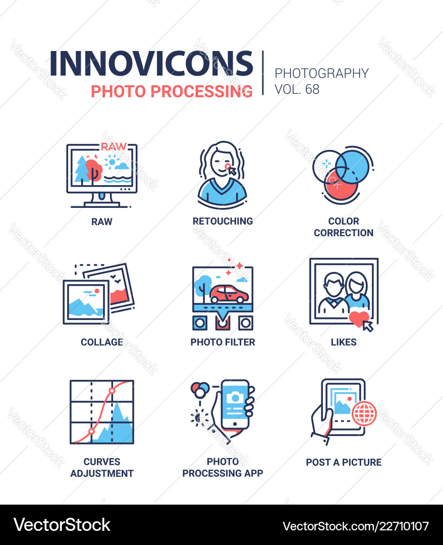 Photo processing - line design style icons set Photo processing - line design style icons set vector image
