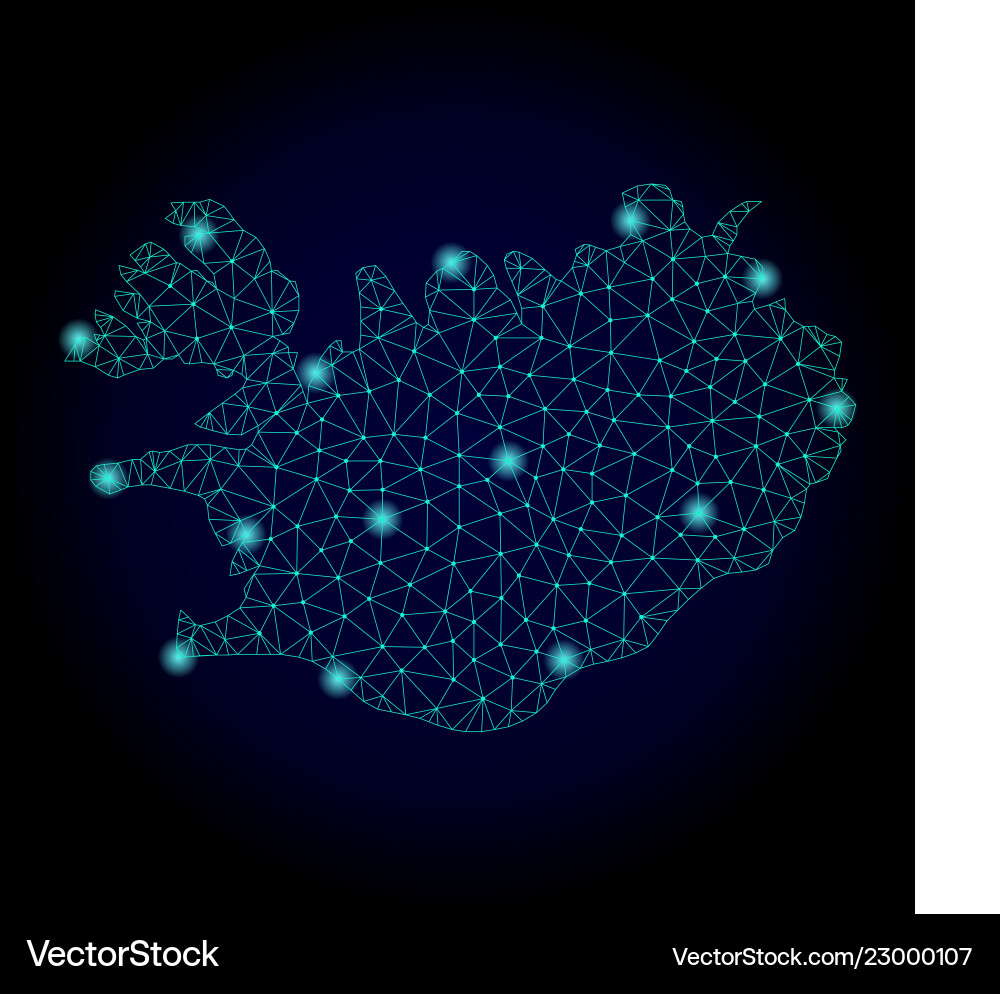 Polygonal network mesh map of iceland with light Vector Image