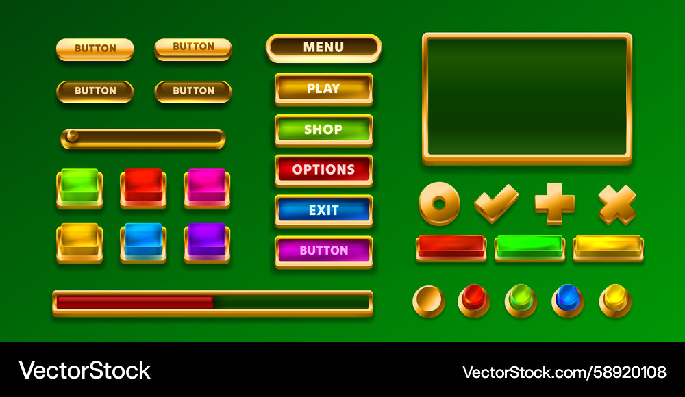 Game golden frame and button label set color Vector Image
