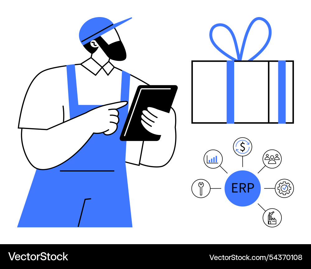 Man with tablet gift box and erp elements Man with tablet gift box and erp elements vector image