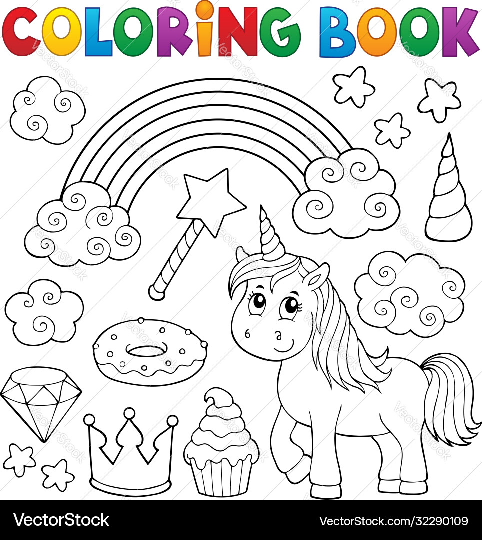 Coloring book unicorn and objects 1 Coloring book unicorn and objects 1 vector image