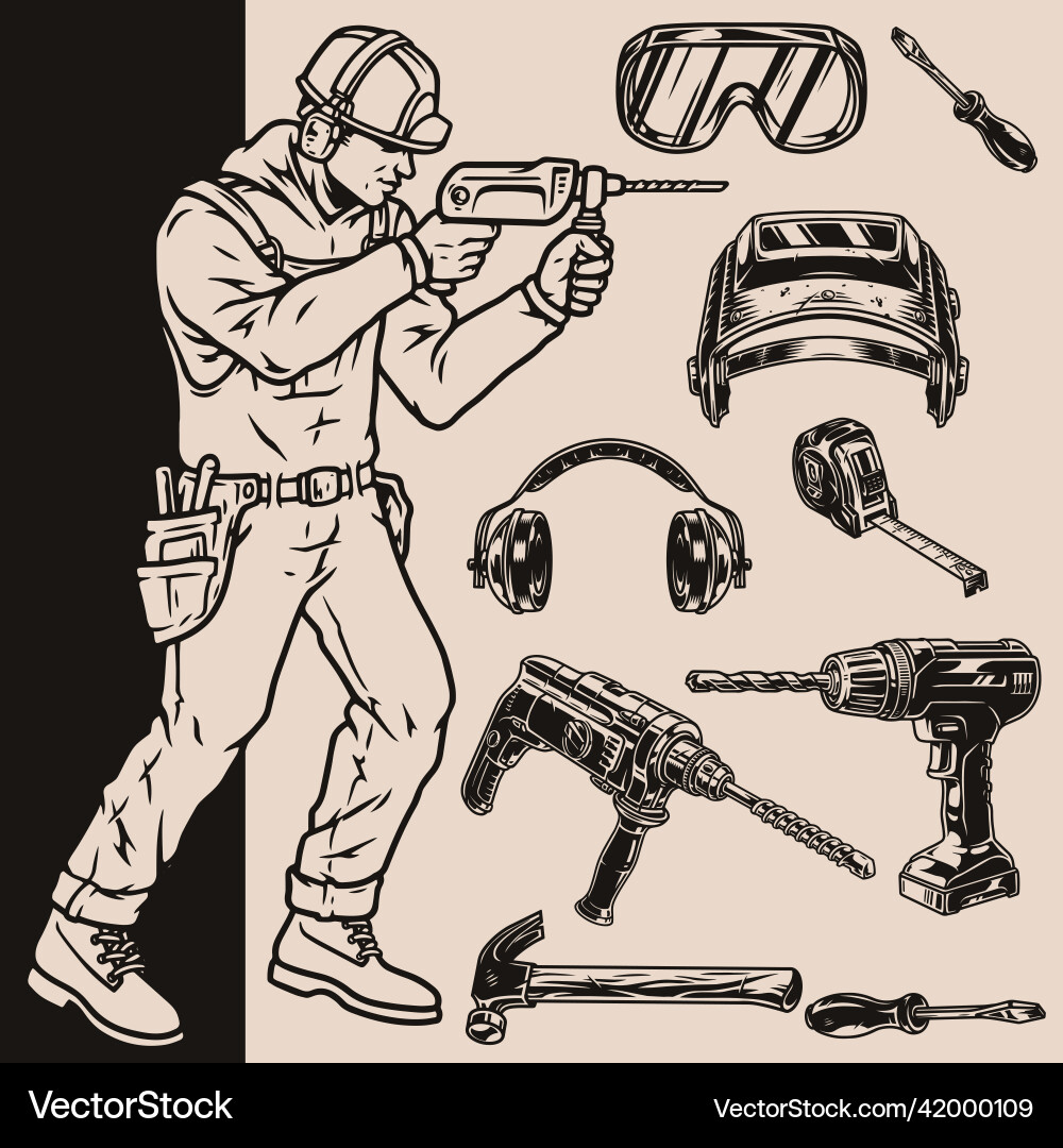 Construction worker and tools elements set Vector Image