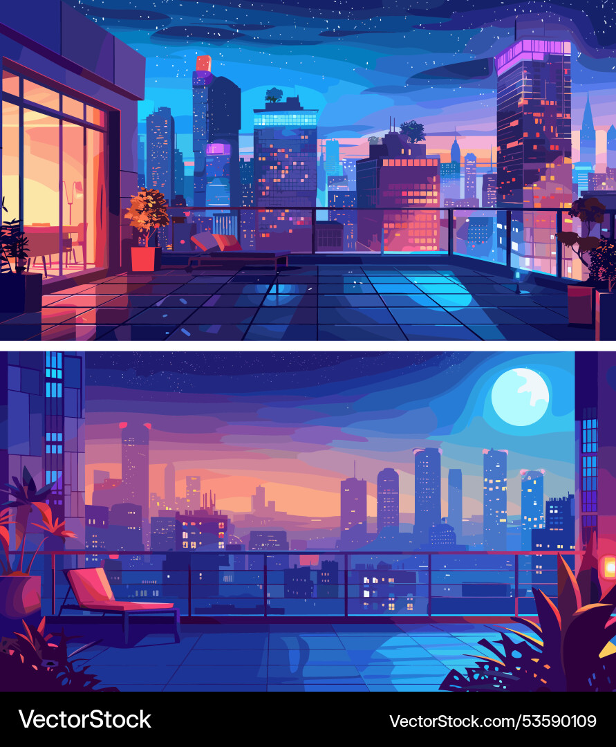 Dachterrasse Cartoon Szenentop Nacht Stadt Dachterrasse Cartoon Szenentop Nacht Stadt vektorbild