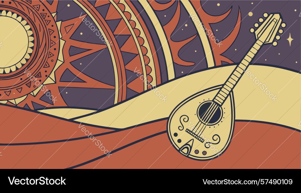 Ornate lute with warm radial patterns art design Vector Image