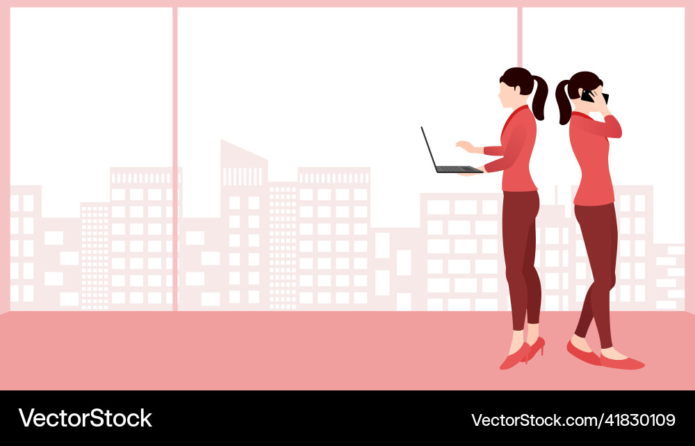 Woman using laptop and on phone call Vector Image