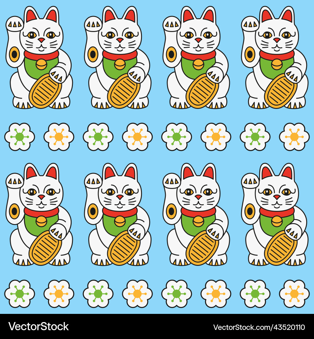 Maneki neko cat with coin and sakura seamless Maneki neko cat with coin and sakura seamless vector image