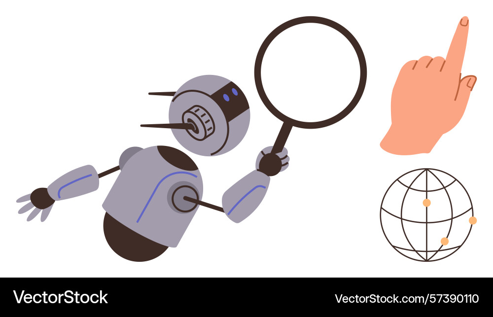 Robot with magnifying glass exploring global vector image