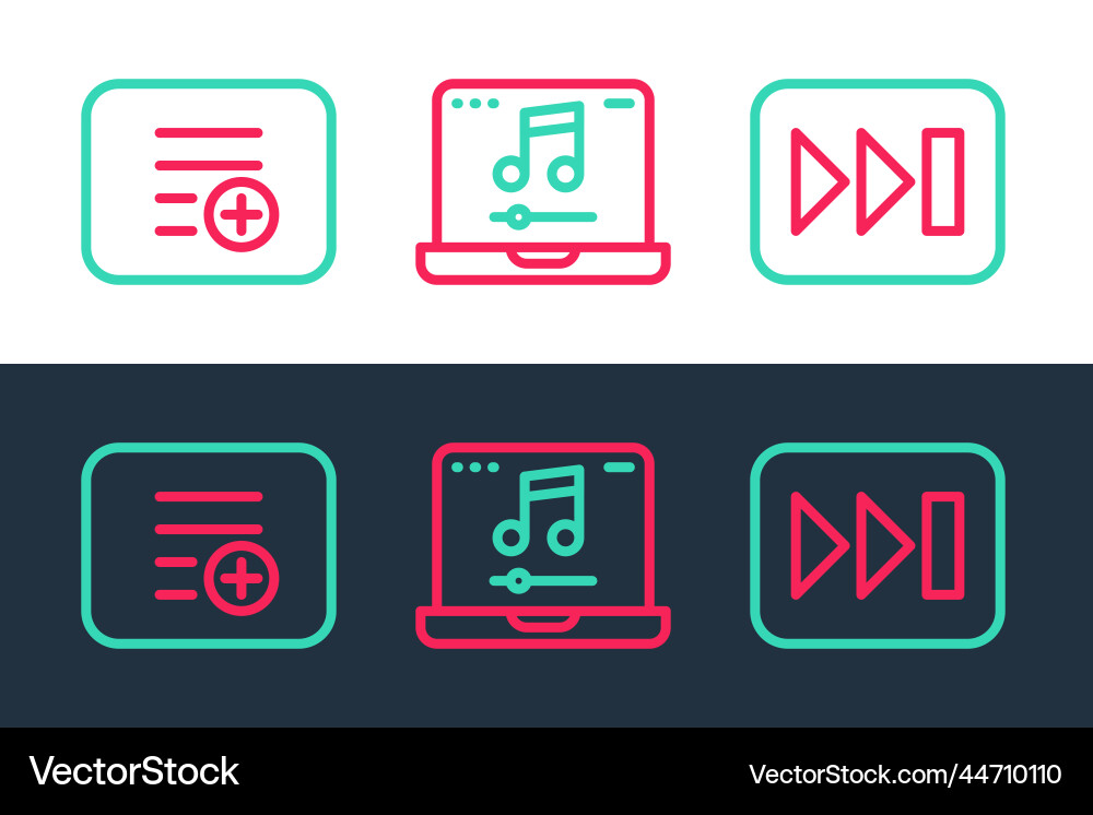 Set line fast forward add to playlist and laptop Set line fast forward add to playlist and laptop vector image