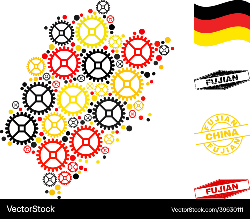 Gearwheel collage fujian province map in german Gearwheel collage fujian province map in german Vector Image