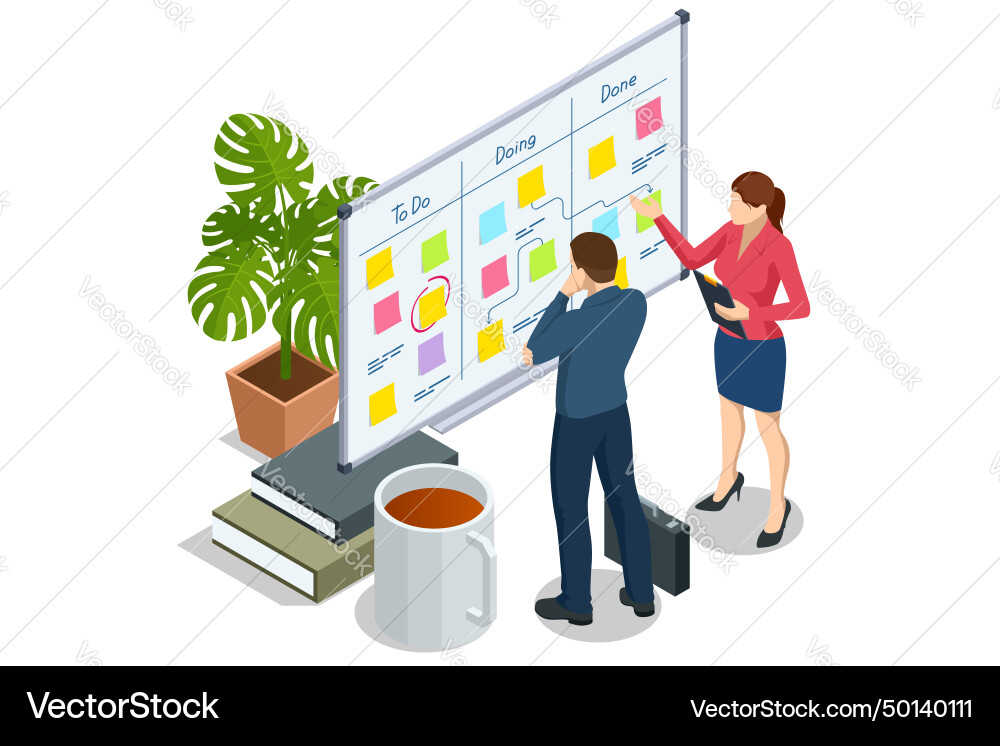 Isometric project manager updating tasks Vector Image