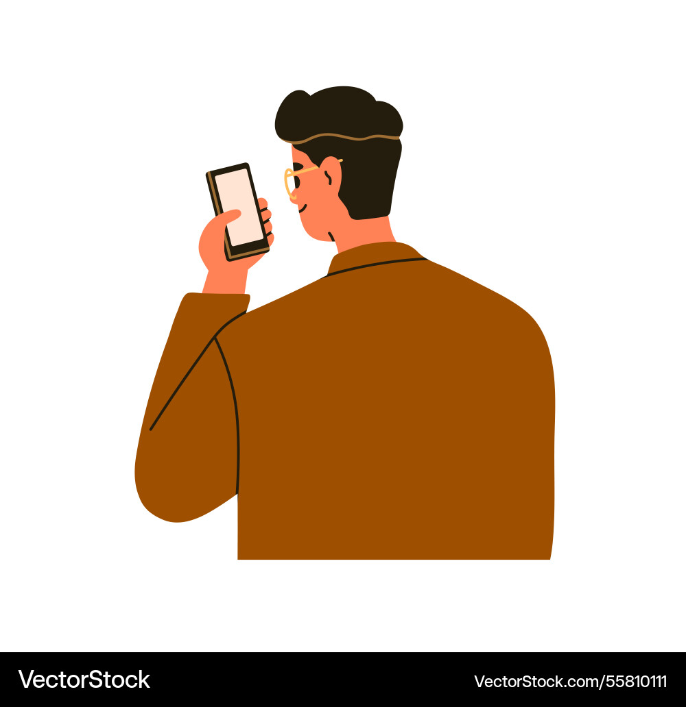 Man looking at mobile phone screen view from back Man looking at mobile phone screen view from back vector image