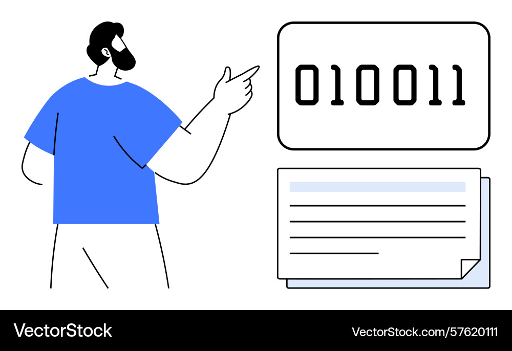 Person explaining binary code with documents Person explaining binary code with documents vector image