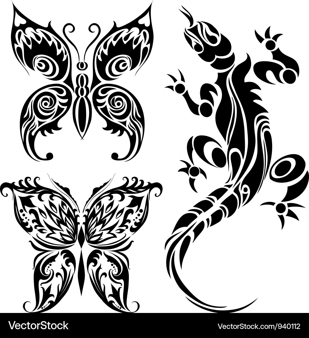 Butterfly and Lizard Tattoo Art Vector Image