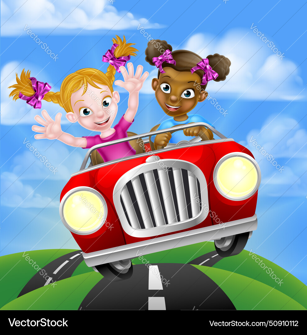 Cartoon girl children driving car Cartoon girl children driving car vector image