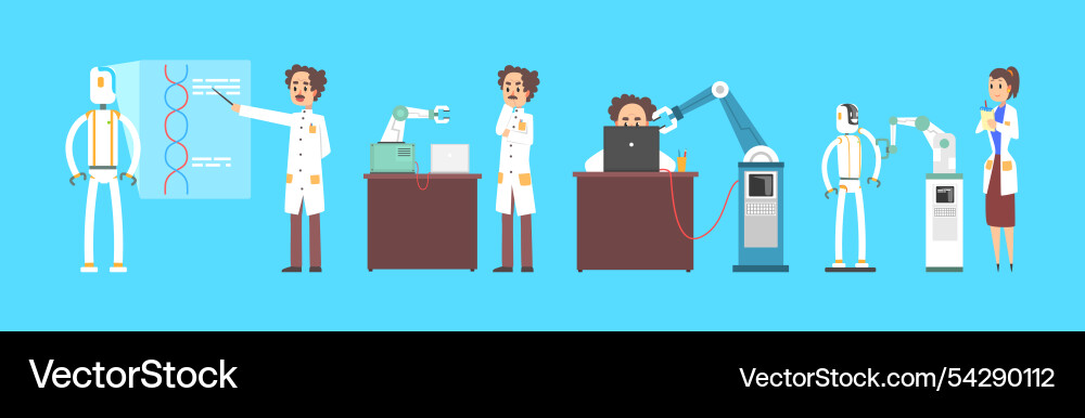 Man and woman scientist inventing robot Man and woman scientist inventing robot vector image