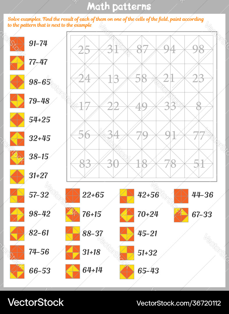 Mathematical patterns worksheet solve examples vector image
