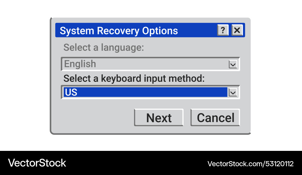 Old system recovery options window Vector Image