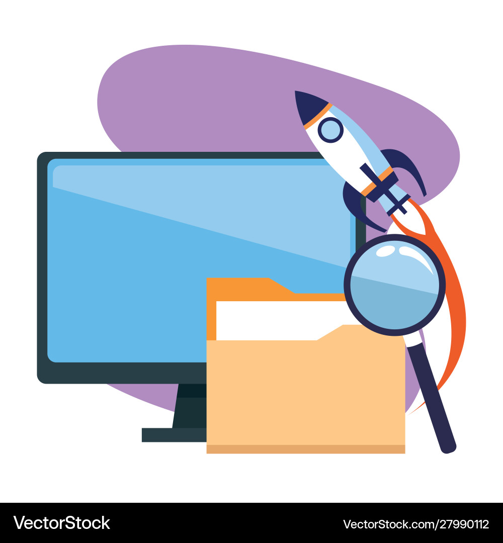 Rocket and computer with folder magnifying Rocket and computer with folder magnifying vector image